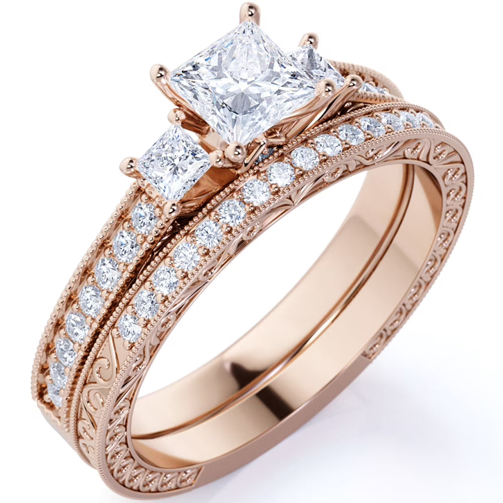 18K Rose Gold over Silver Three Stone Ring Set G231