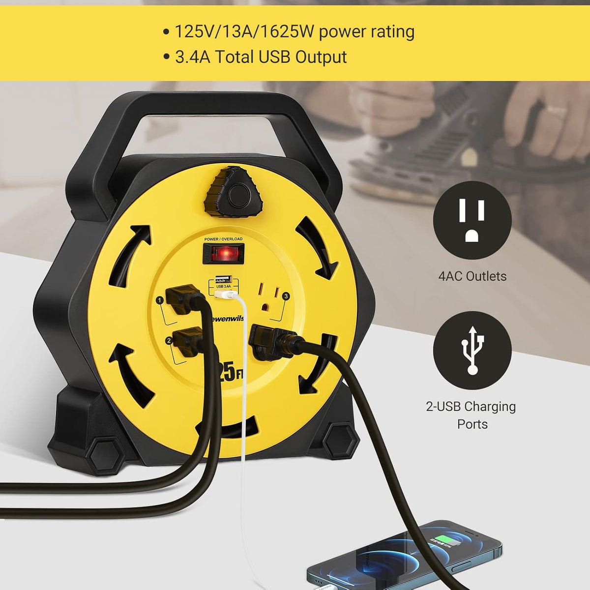 25FT Retractable Extension Cord Reel with 4 Outlets and 2 USB Ports I111