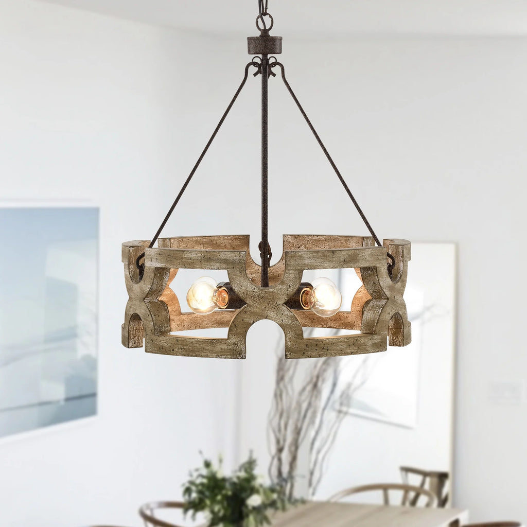 Rustic Farmhouse 4 Light Wood Grain Chandelier Pendant 19 Inch M517