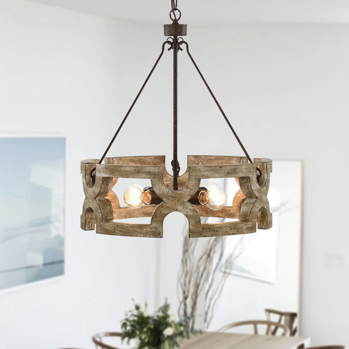 Rustic Farmhouse 4 Light Wood Grain Chandelier Pendant 19 Inch M517