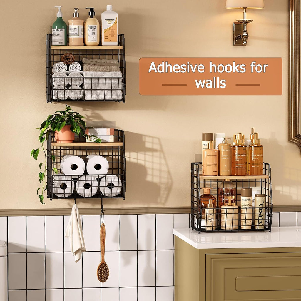 3 Pack Hanging Wire Basket with Wood Lid & S Hook F269