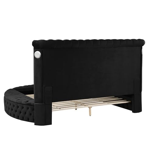 Queen Velvet Round Bed Frame with Wingback Headboard and Storage I560589