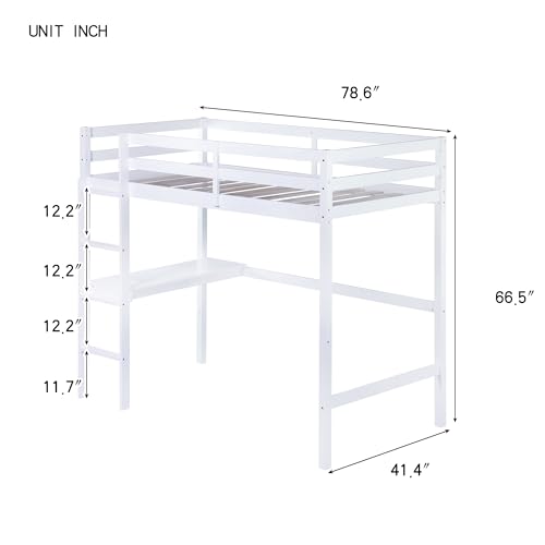Twin Size Solid Wood Loft Bed Frame with Ladder and Safety Guardrail (White) B177