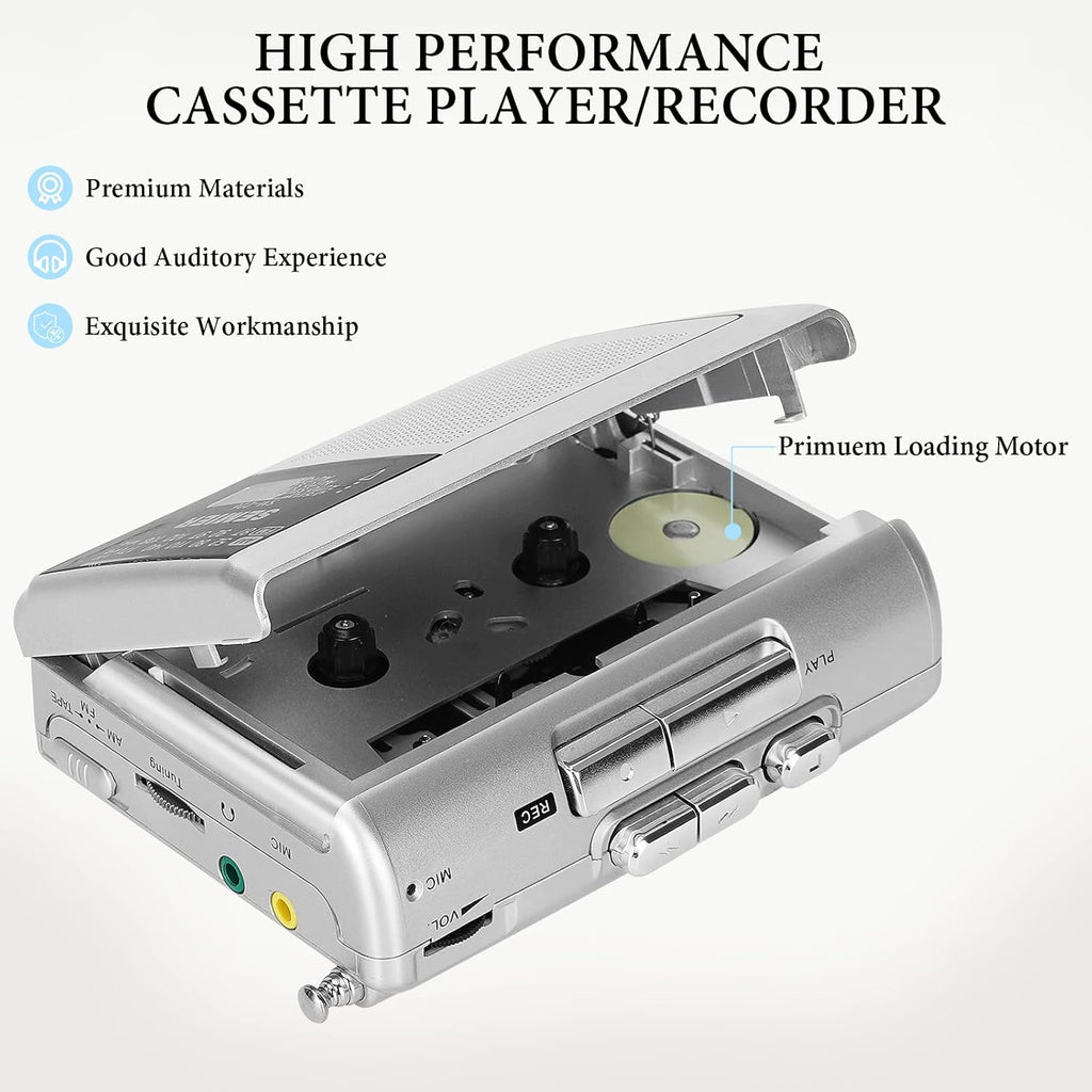 Silver Portable Cassette Player Recorder AM FM Radio Stereo with Built in Speaker and Earphones J5476