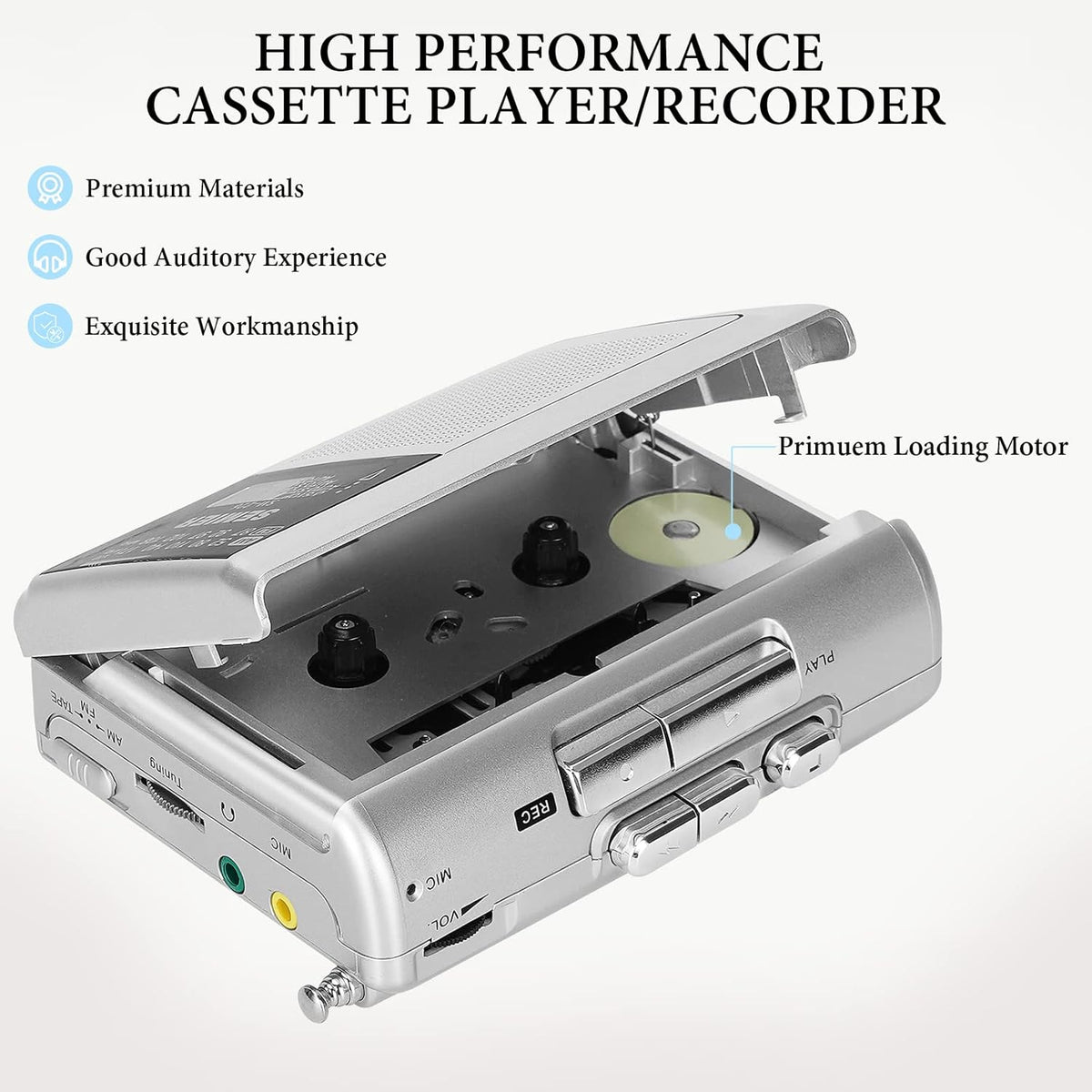 Silver Portable Cassette Player Recorder AM FM Radio Stereo with Built in Speaker and Earphones J5476
