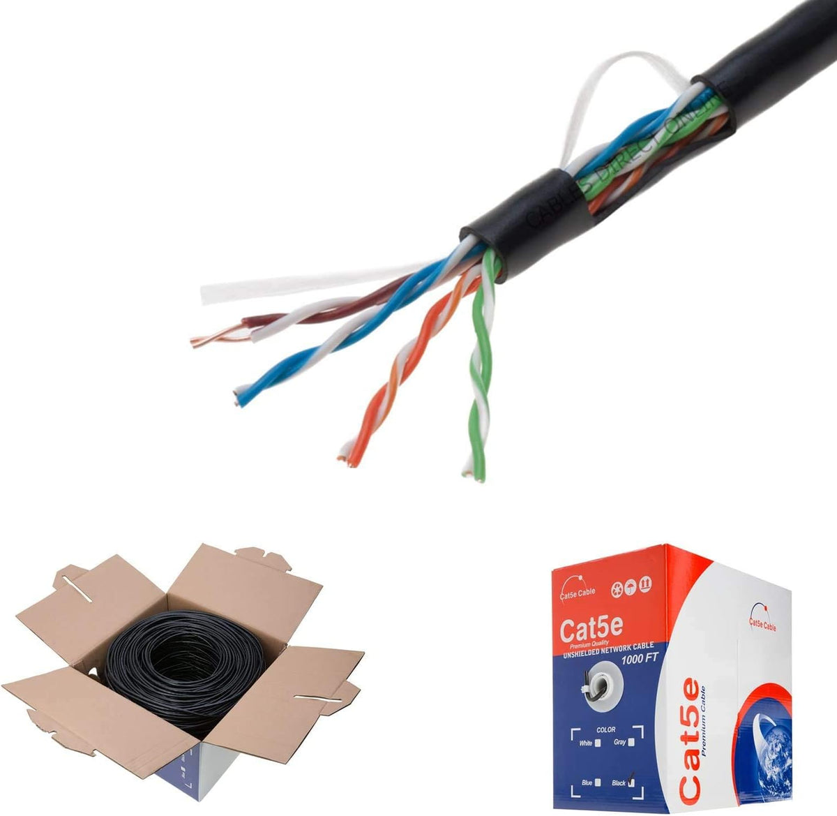 Plenum CAT5e 1000FT CMP Cable Black Solid 24 AWG Bulk Box Cat5 Networking Wire S642104