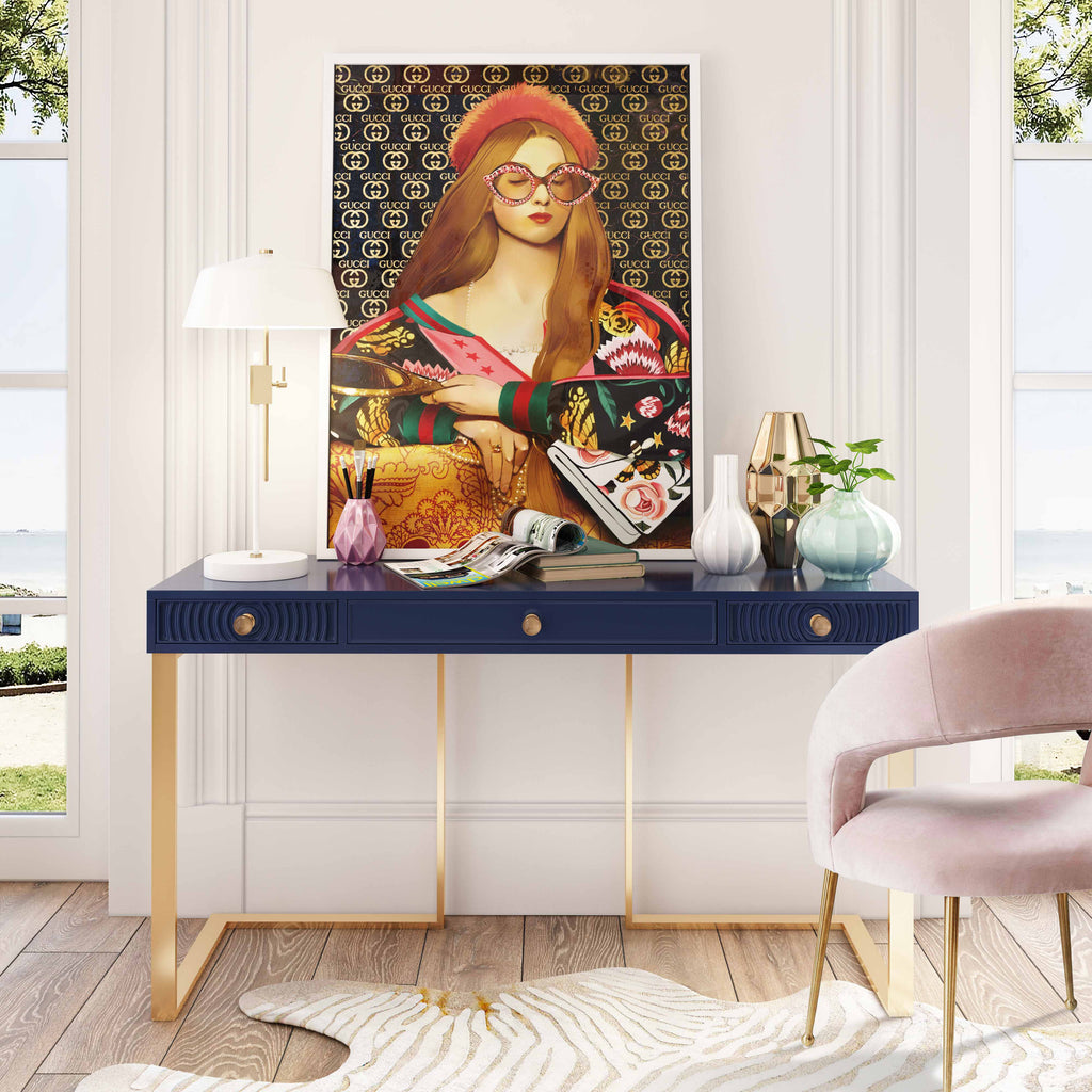 Blue Lacquer Office Desk With Gold Legs J150
