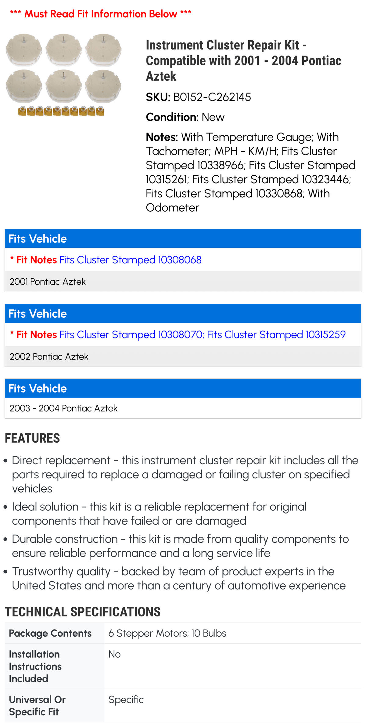 Instrument Cluster Repair Kit U99039
