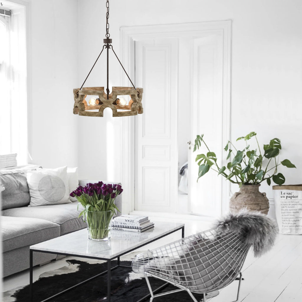 Rustic Farmhouse 4 Light Wood Grain Chandelier Pendant 19 Inch M517