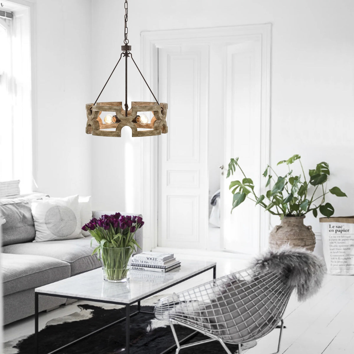 Rustic Farmhouse 4 Light Wood Grain Chandelier Pendant 19 Inch M517