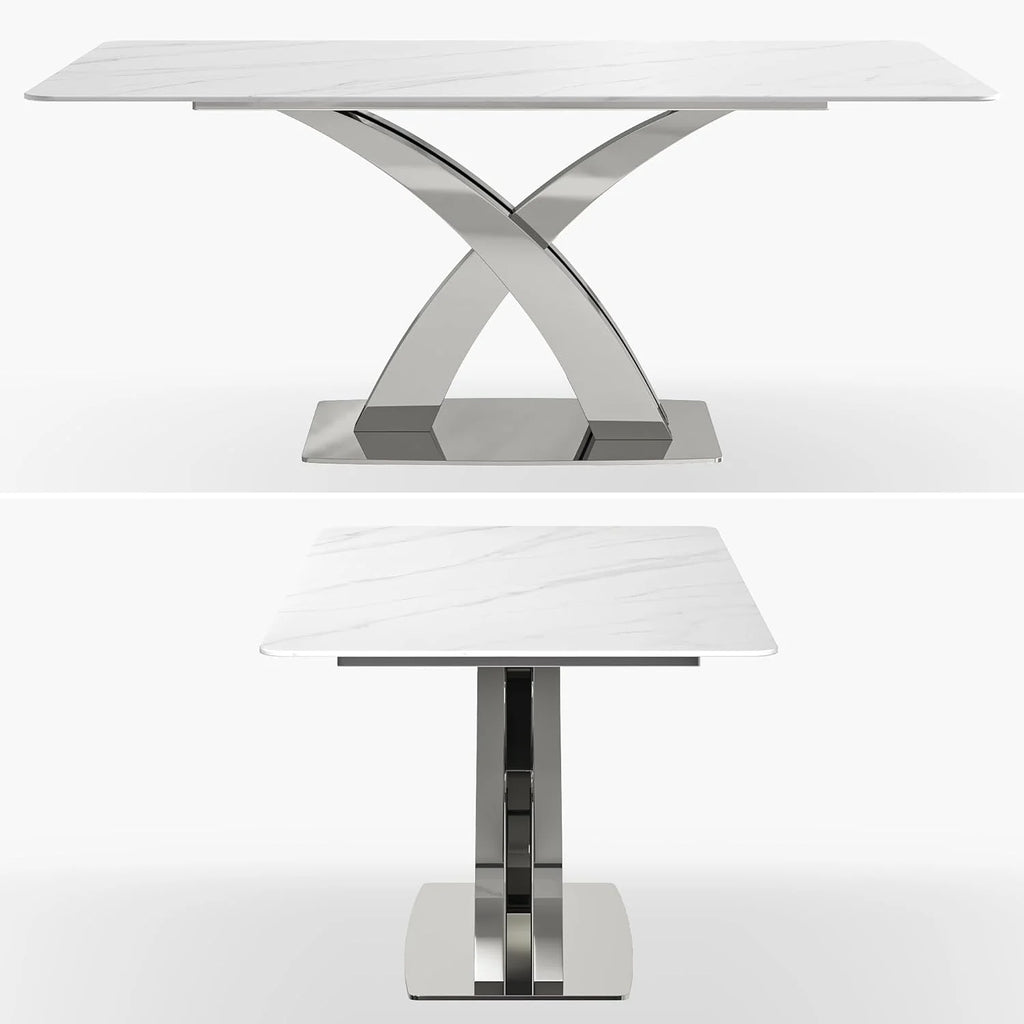 White Sintered Stone Dining Table for 8, Stainless Steel Base B241869