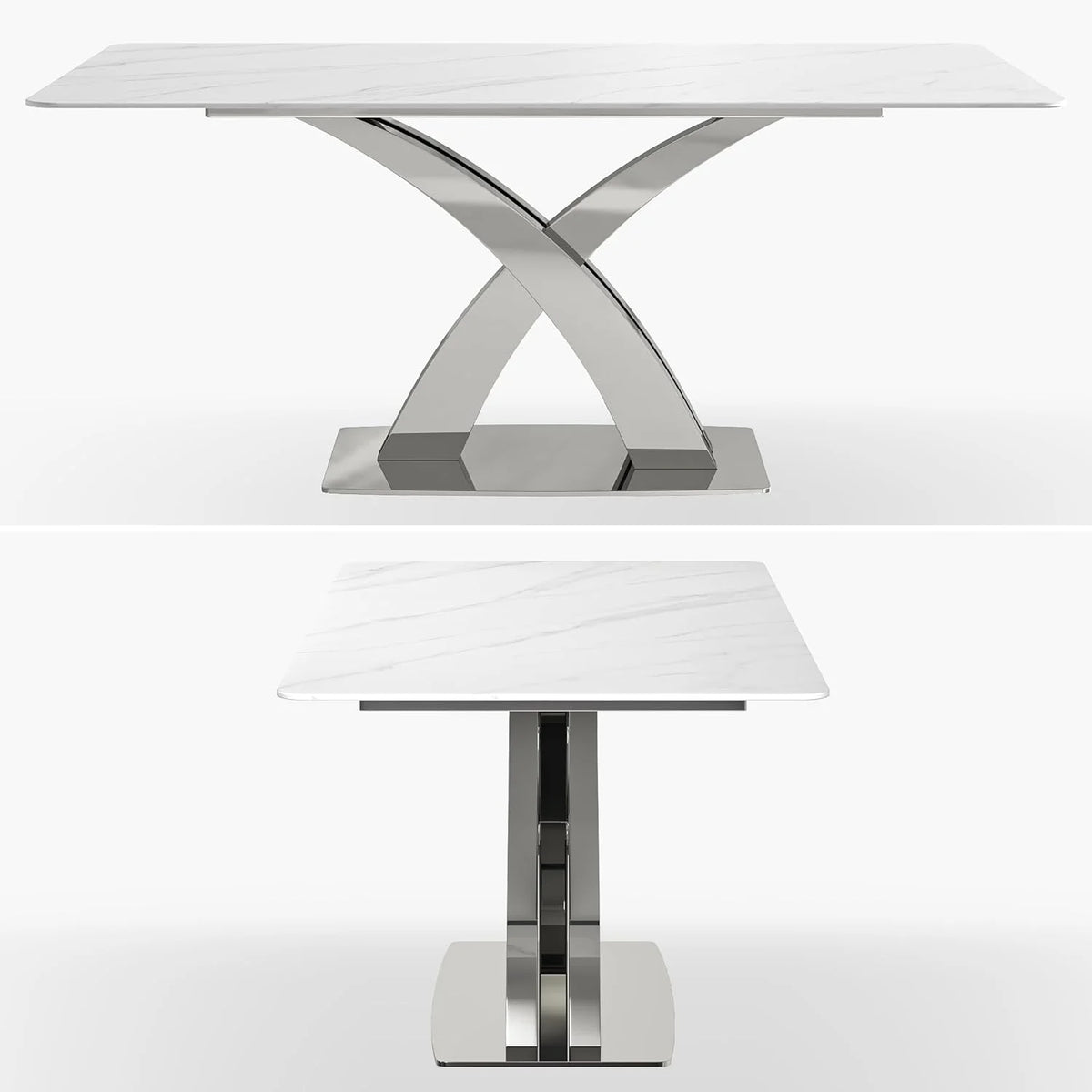 White Sintered Stone Dining Table for 8, Stainless Steel Base B241869