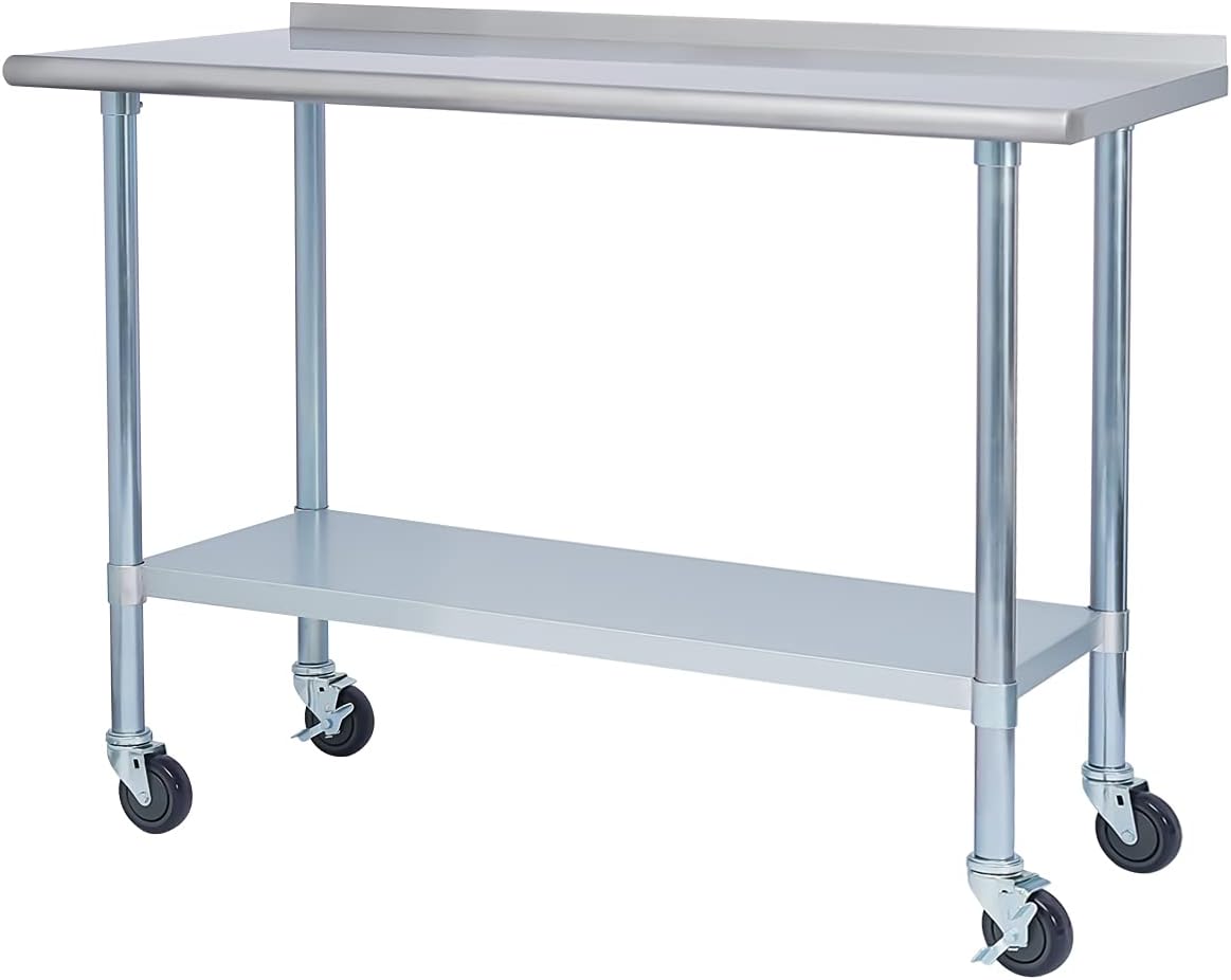 Stainless Steel 24 x 48 Inches Worktable with Backsplash, Adjustable Shelf and Caster Wheel P4165