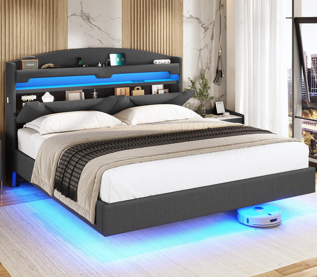 Floating Full Size Upholstered Platform Bed with Storage Headboard C489