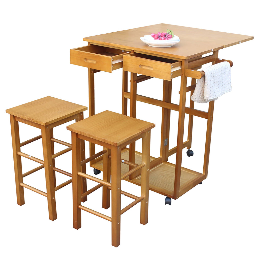 Square Folding Dining Cart Bar Table with 2 Stools N789