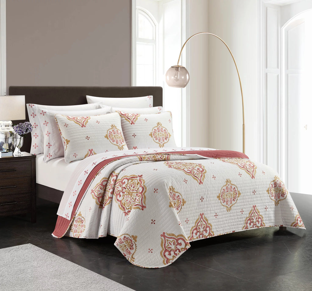 9-Piece Medallion Quilt Set King Coral Gold White P93987