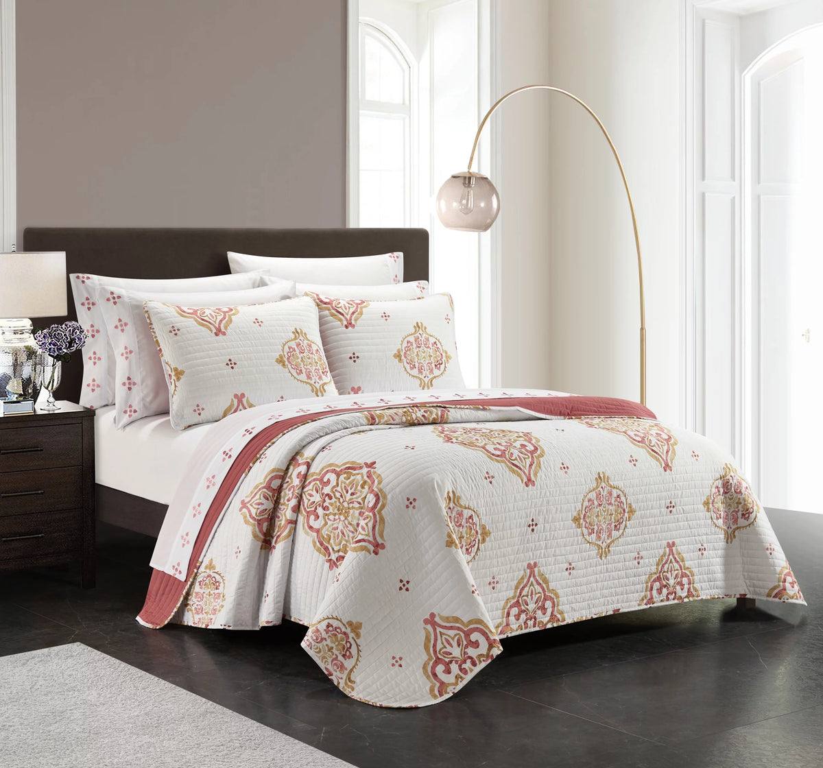 9-Piece Medallion Quilt Set King Coral Gold White P93987