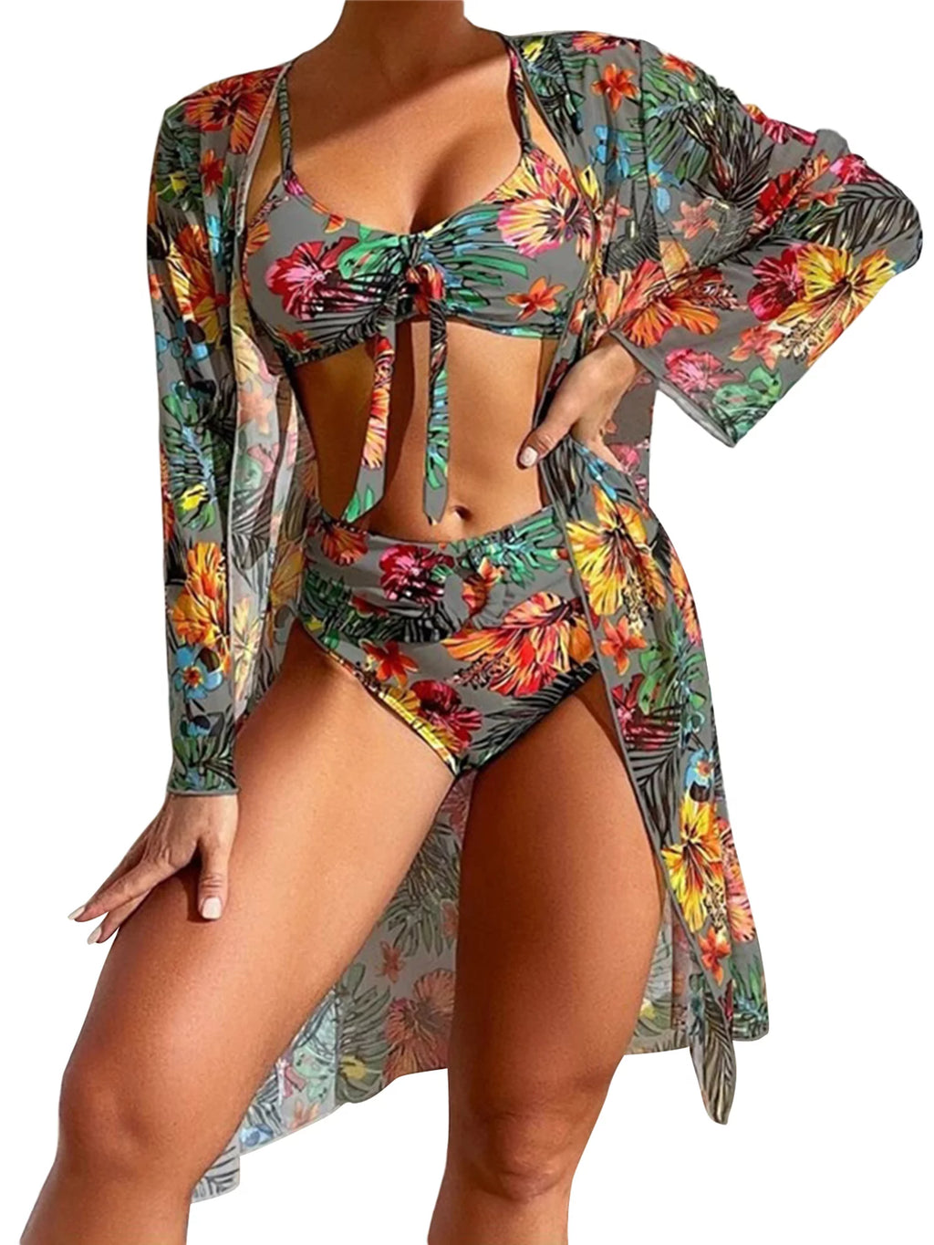 3 Pcs Floral Leaves Print Sling Padded Bra Thong Bottoms Long Sleeve Open Front Cover-Ups Bikini J422968
