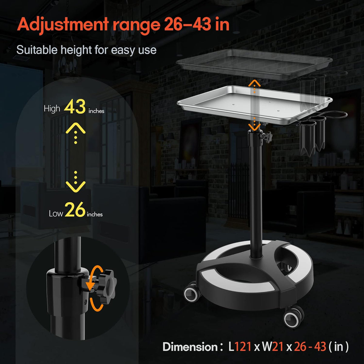 Adjustable Height Aluminum Salon Tray Cart with Accessory Caddy B18025