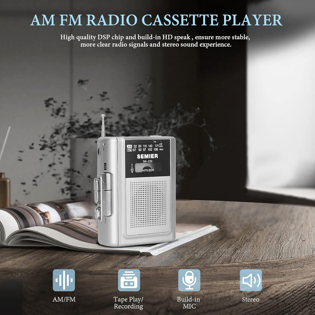 Silver Portable Cassette Player Recorder AM FM Radio Stereo with Built in Speaker and Earphones J5476