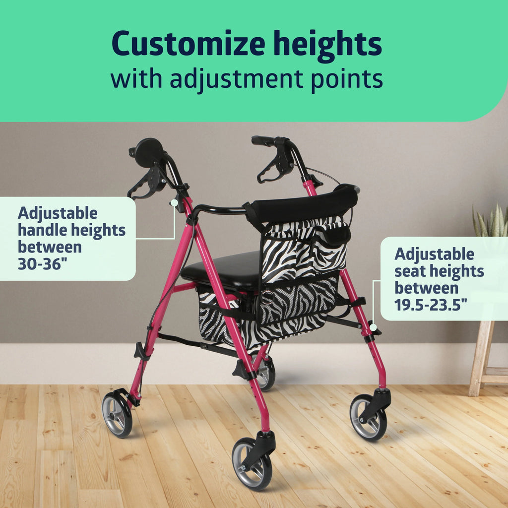 Lightweight Aluminum Rollator Walker, Pink & Zebra Print, 250 lb. Weight Capacity, 6” Wheels N8433