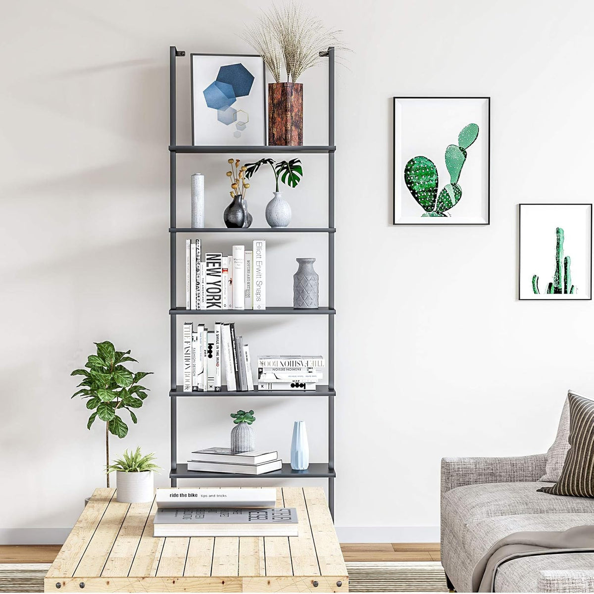 5-Shelf Black Wood Bookcase with Metal Frame P68500
