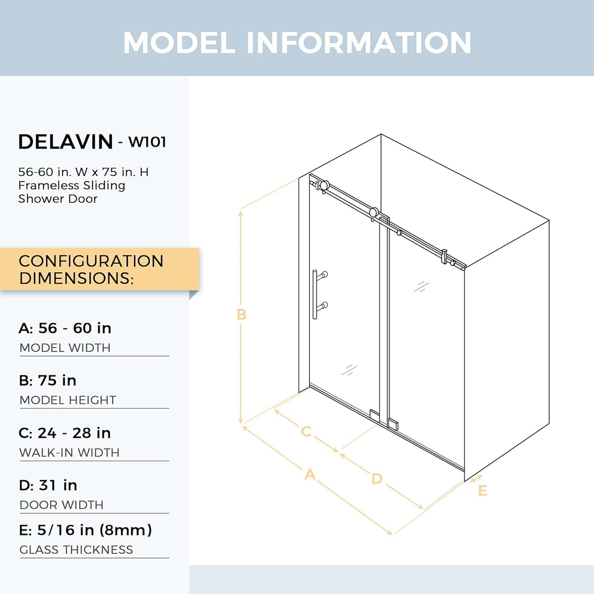 56 in. Frameless Sliding Shower Door, Clear Tempered Glass B543361