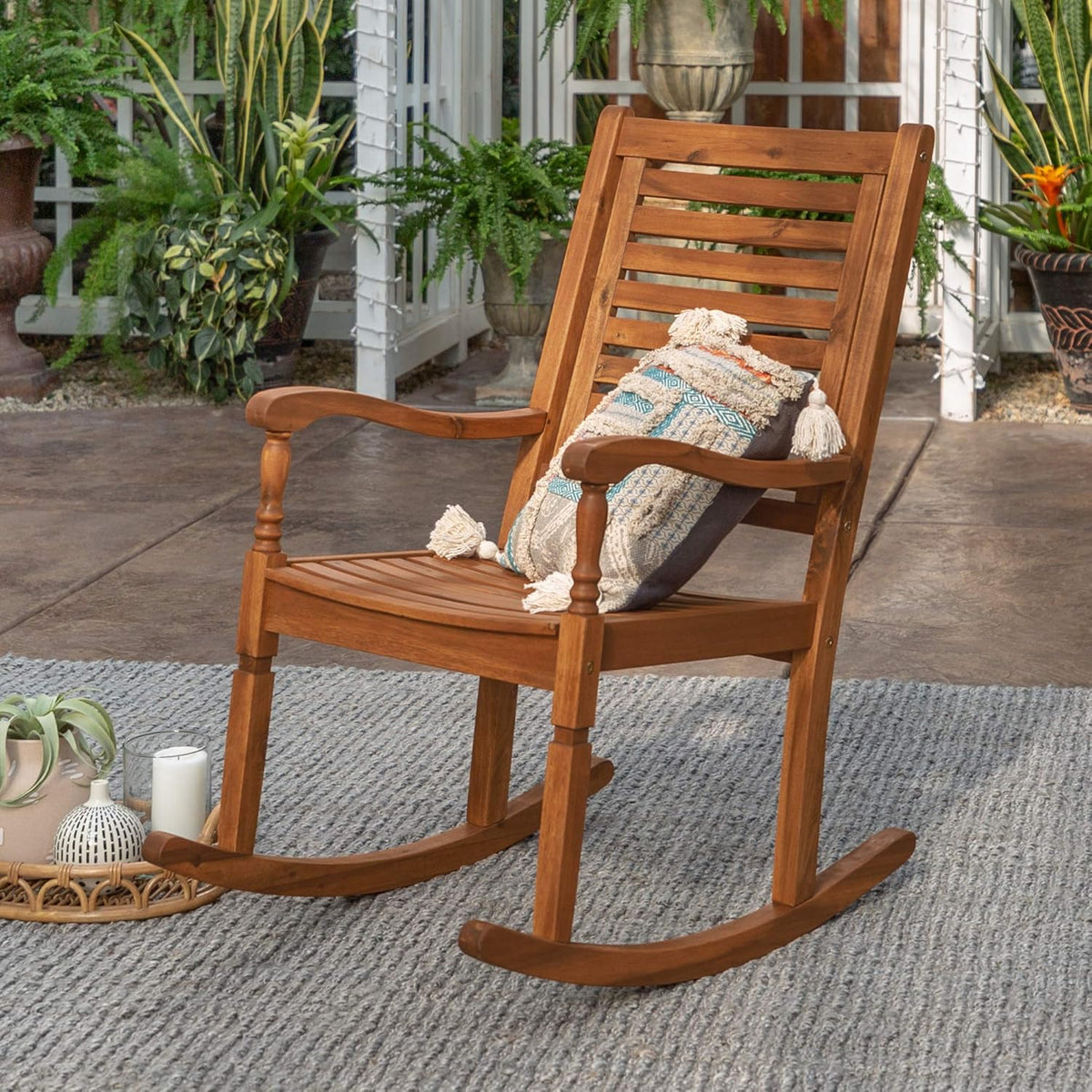 Brown Acacia Wood Slat Back Patio Rocking Chair L637027