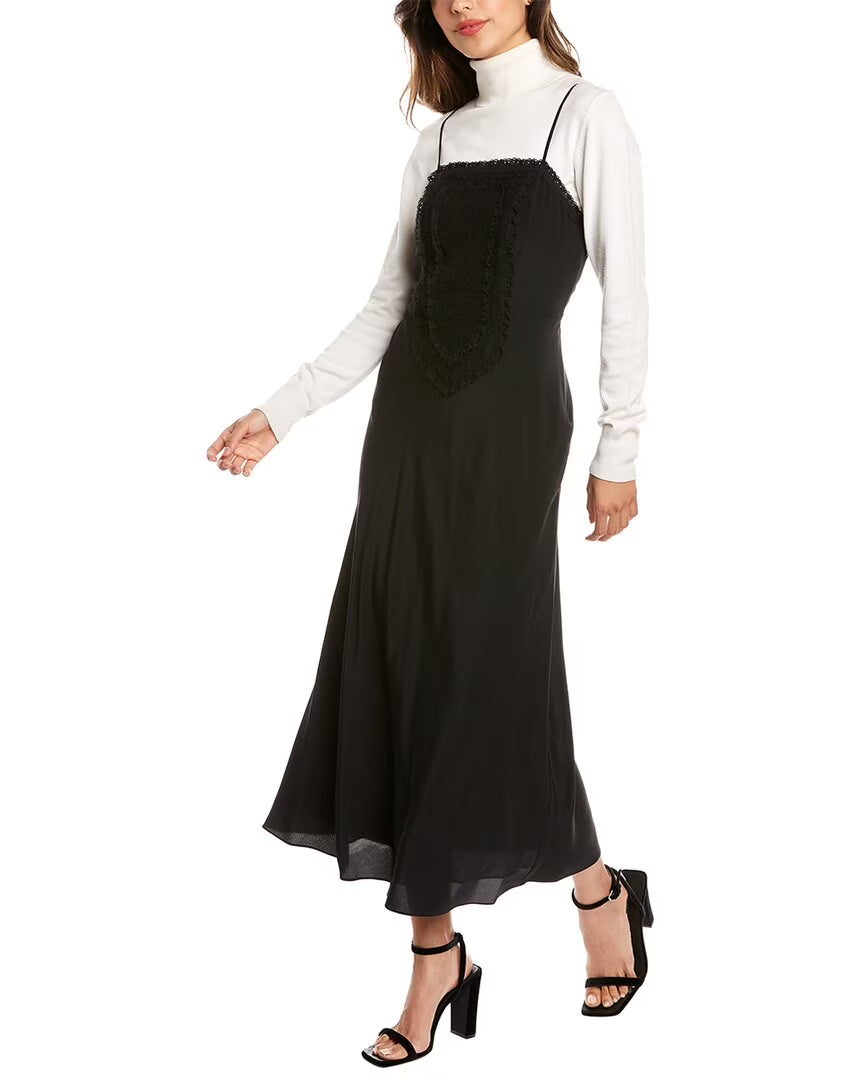 Black Patchwork Lace Silk Maxi Dress K272415