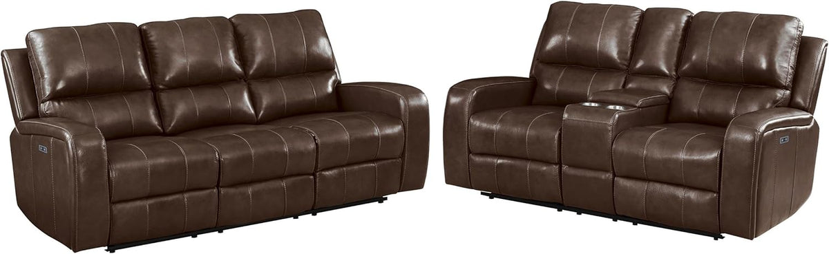 Brown Leather Power Reclining Sofa and Loveseat Set X18968