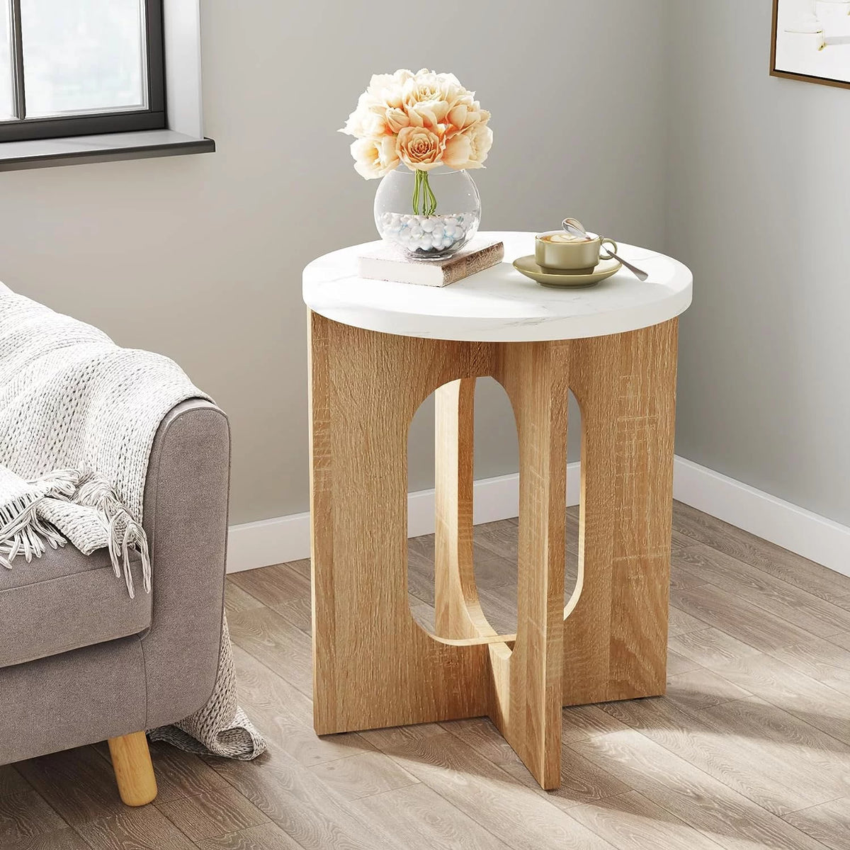 Round Side Table with Crossed Wood Base U837998