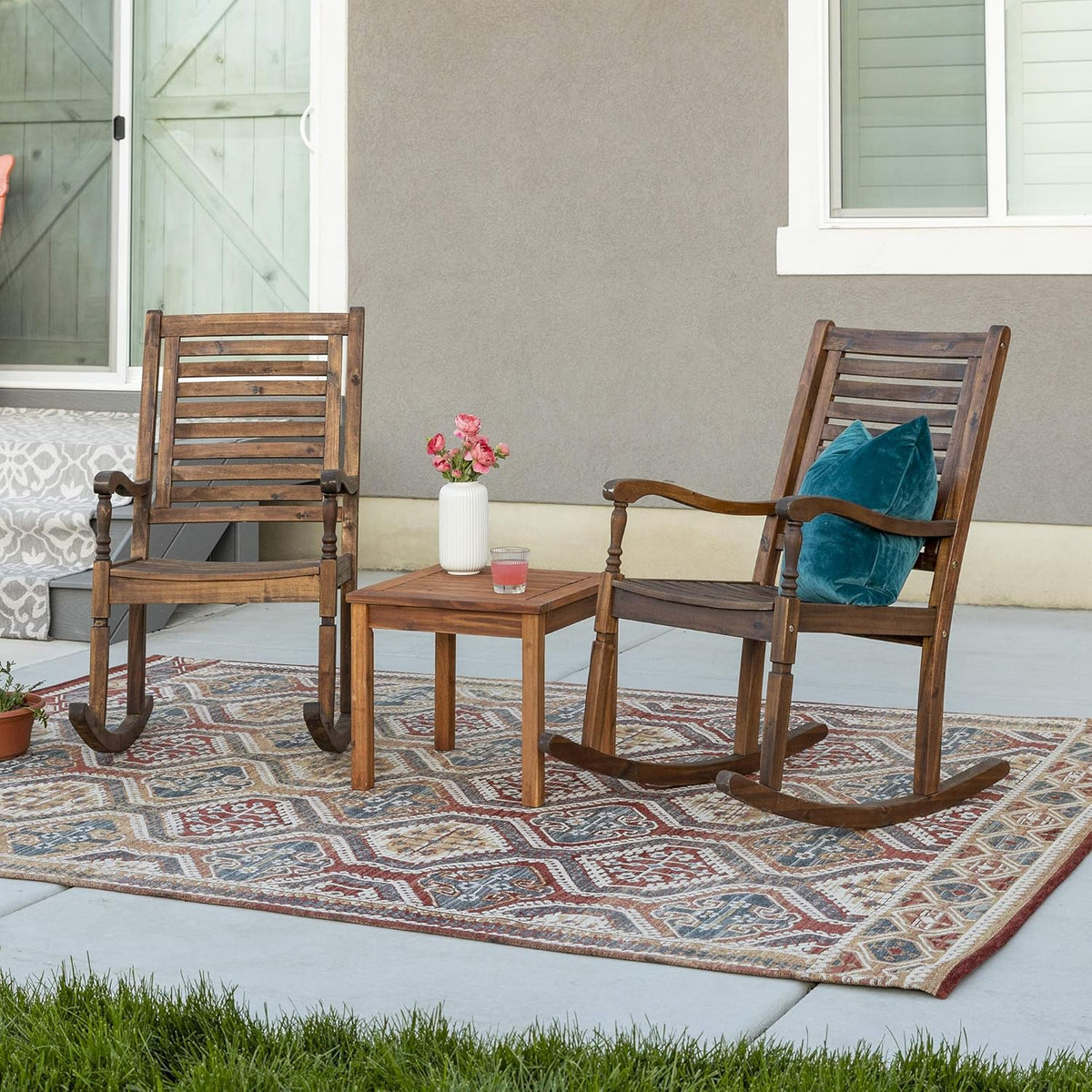 Brown Acacia Wood Slat Back Patio Rocking Chair L637027