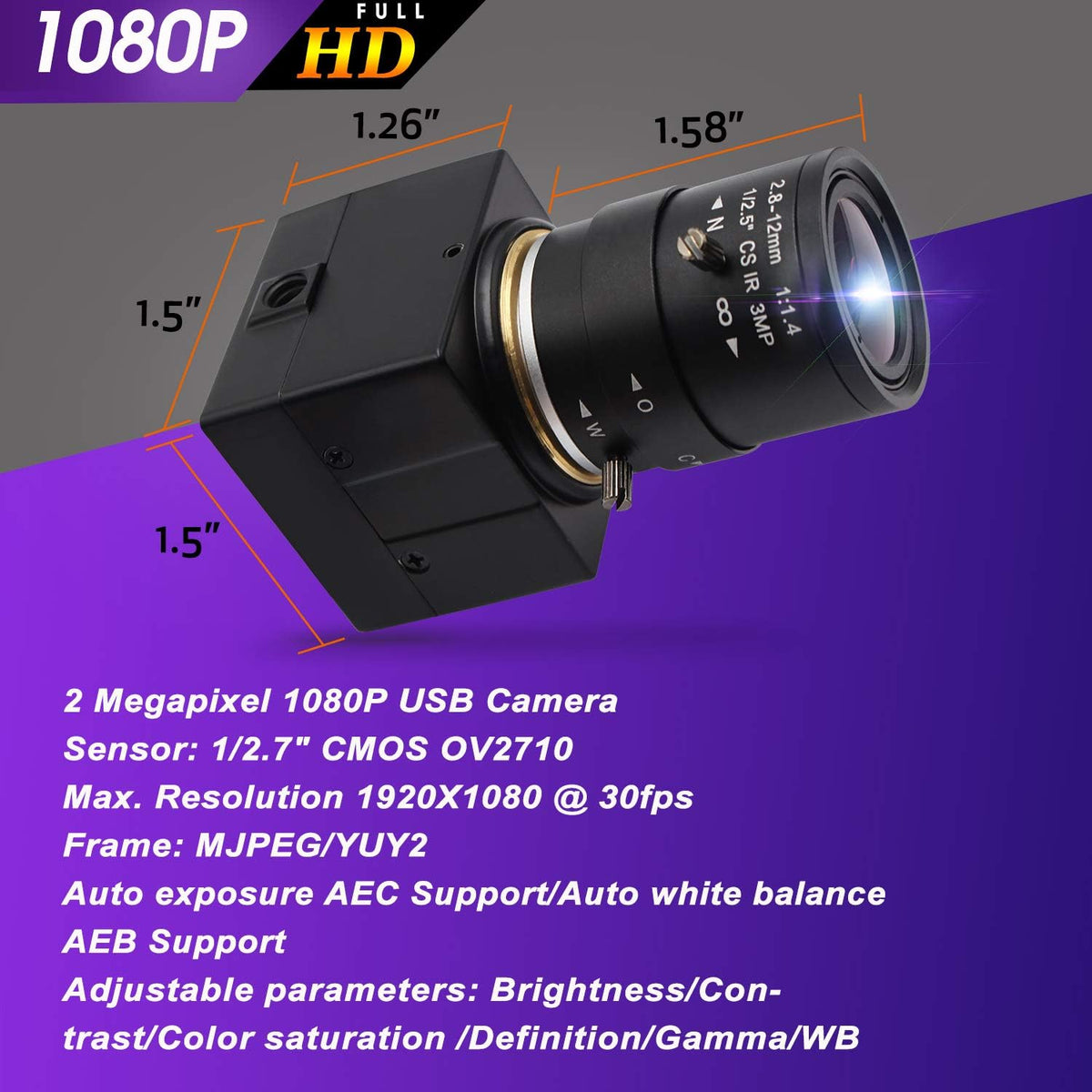 2.8-12mm Varifocal Lens USB Camera 1080P CS Mount 2MP Web Camera Pack of 2 D63343