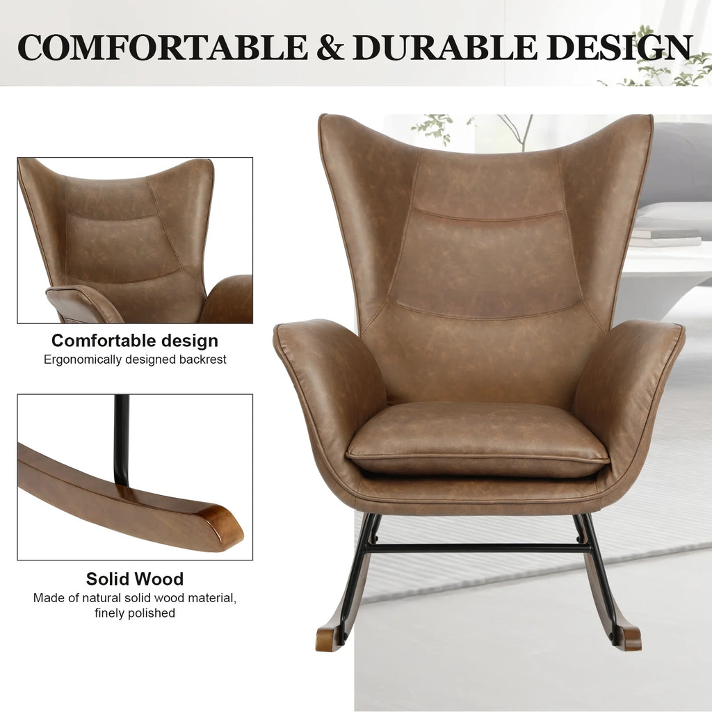 Brown PU Leather Rocker Glider Chair with Wooden Base L24805