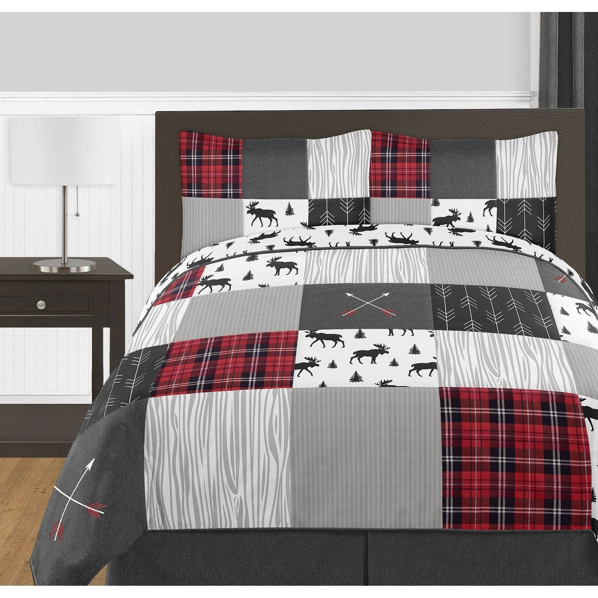 Grey Black Red Woodland Plaid 3PC Full Queen Comforter Set E582