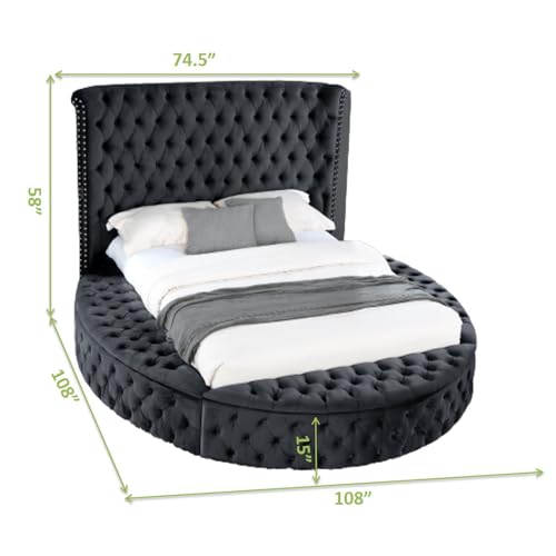 Queen Velvet Round Bed Frame with Wingback Headboard and Storage I560589