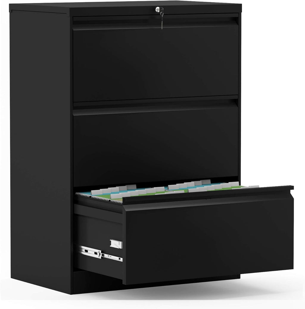 White Metal Steel 3 Drawer Lateral File Cabinet with Lock B55513