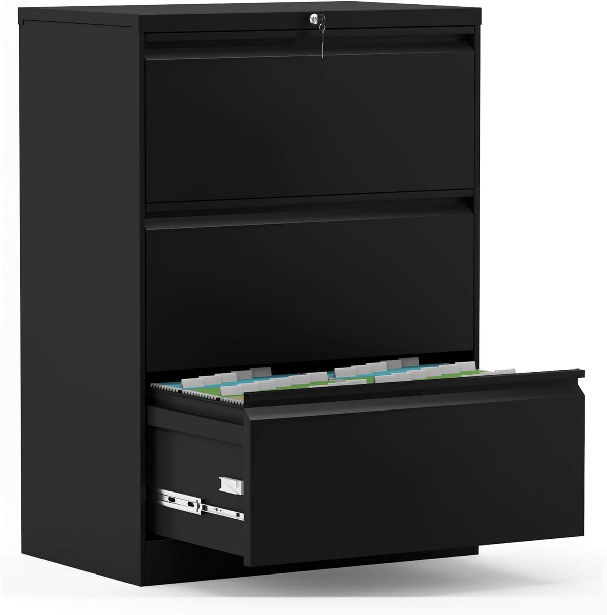 White Metal Steel 3 Drawer Lateral File Cabinet with Lock B55513