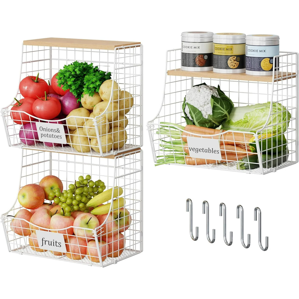 3 Pack Hanging Wire Basket with Wood Lid & S Hook F269