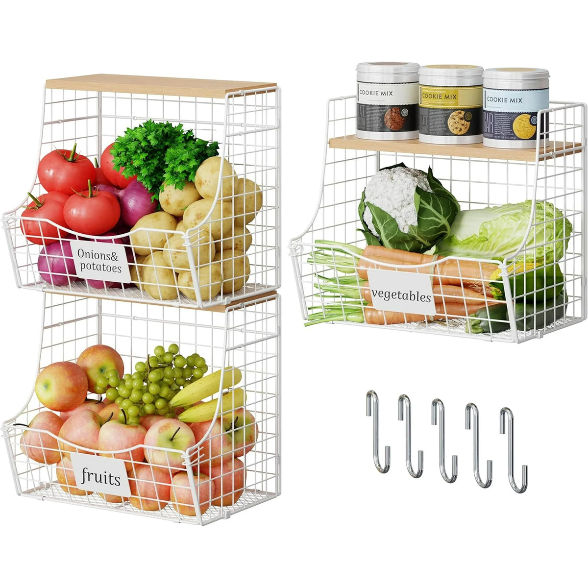 3 Pack Hanging Wire Basket with Wood Lid & S Hook F269