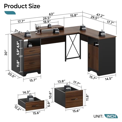 Gray L Shaped Desk with File Drawers, 63" x 47" Corner Desk with Monitor Stand I704