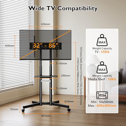 Black Mobile TV Stand for 32 to 85 inch Screens up to 121 lbs B7496