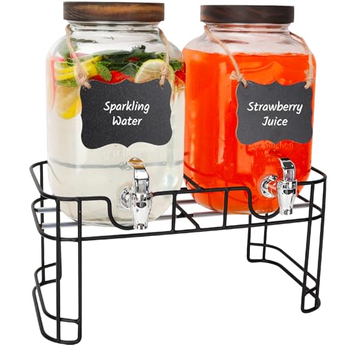 2 Pack 1 Gallon Glass Beverage Dispenser with Stand and Spigot H240