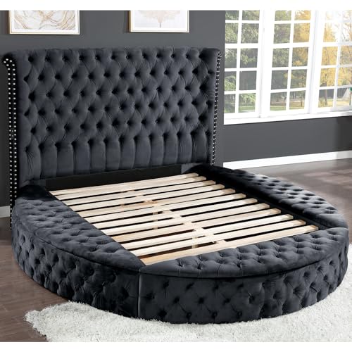 Queen Velvet Round Bed Frame with Wingback Headboard and Storage I560589