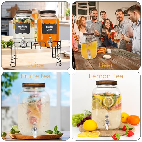 2 Pack 1 Gallon Glass Beverage Dispenser with Stand and Spigot H240