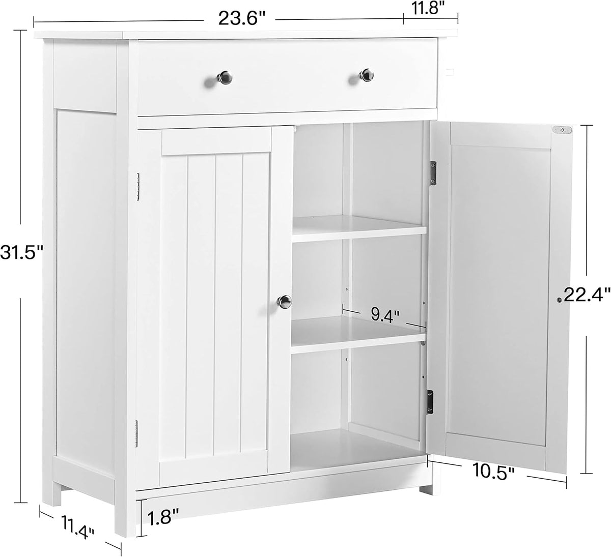White 23.6in L x 11.8in W x 31.5in H Wooden Bathroom Cabinet with 1 Drawer 2 Doors and Adjustable Shelf M97678