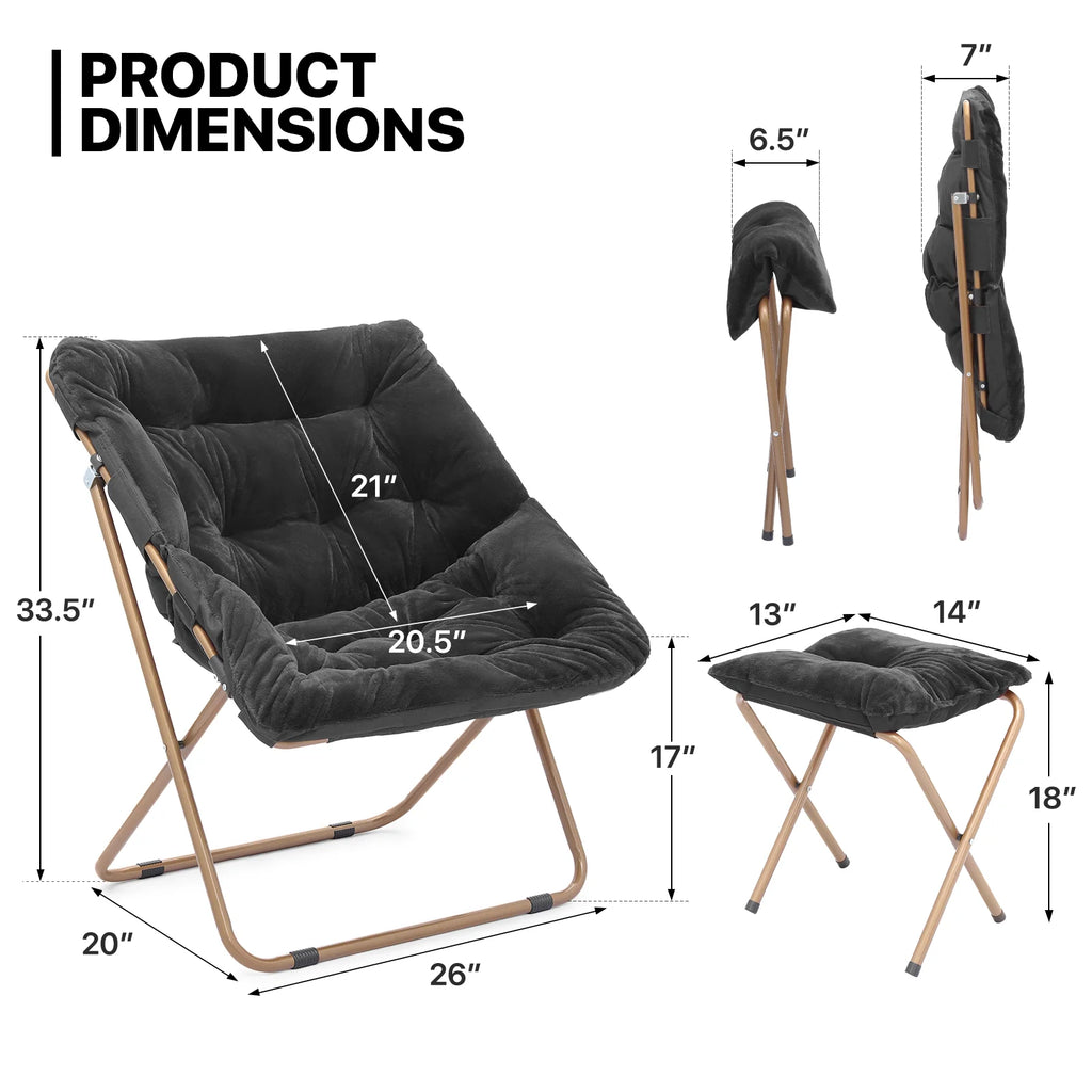 Black Faux Fur Folding Saucer Chair and Ottoman Set of 2 V972