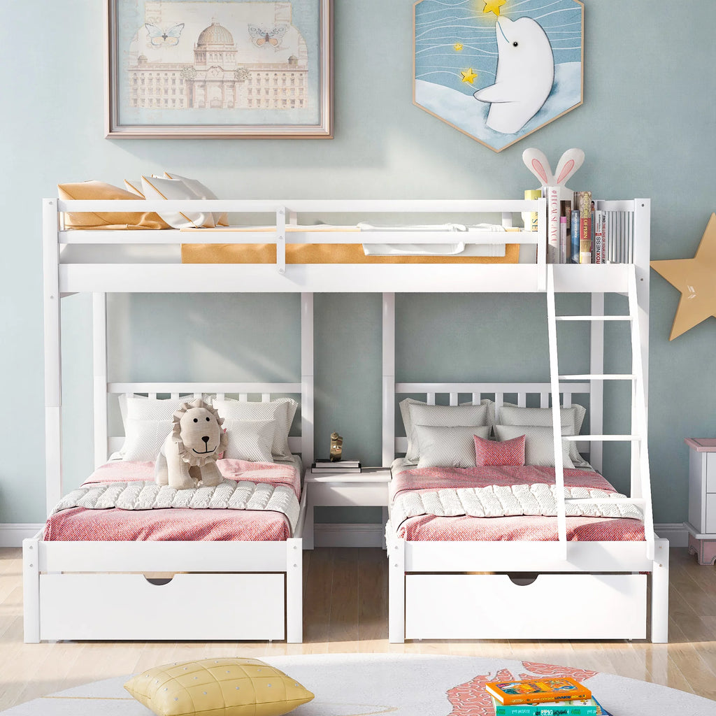 Twin Over Full & Twin Wood Bunk Bed with Drawers and Guardrails U9884