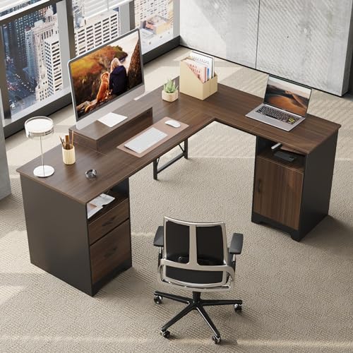 Gray L Shaped Desk with File Drawers, 63" x 47" Corner Desk with Monitor Stand I704
