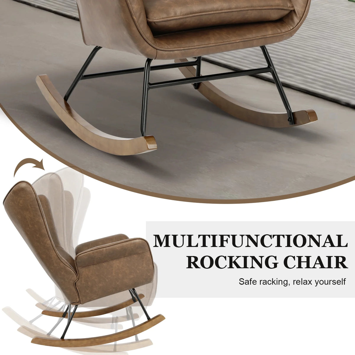 Brown PU Leather Rocker Glider Chair with Wooden Base L24805